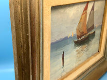 Verdigris Wood Framed Oil on Board Sailboats