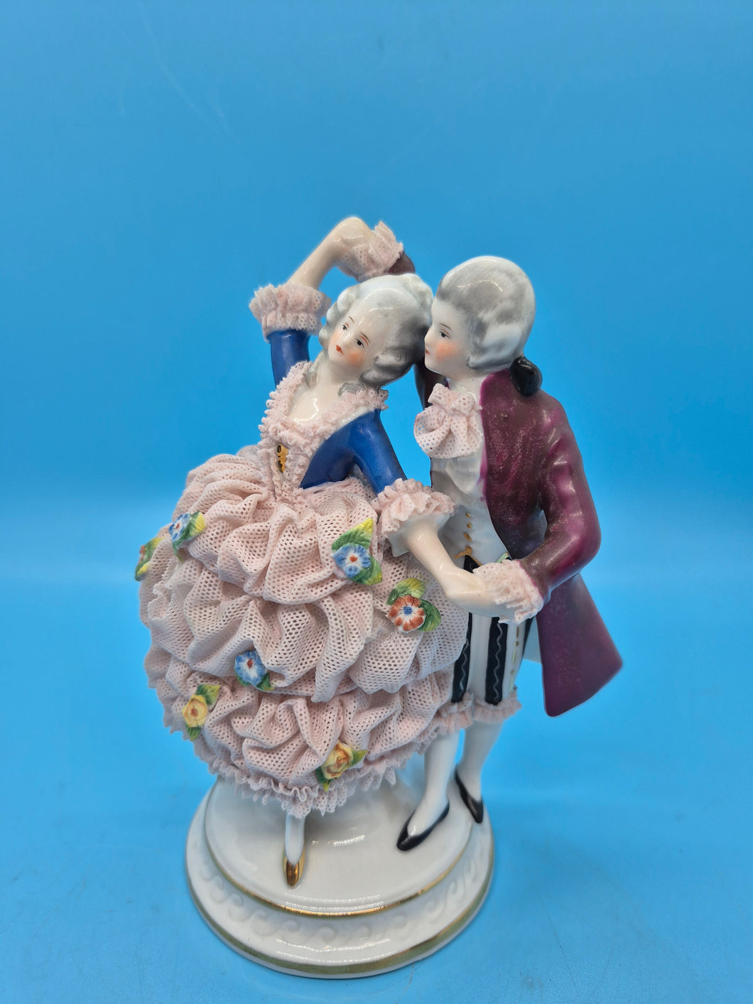 Lovers Dancing Porcelain Figurine - Blue & Pink Dresden Dress
