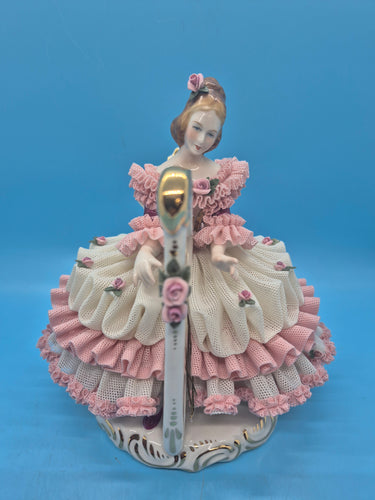 Porcelain German Girl Playing Harp - Pink and White Dresden Lace