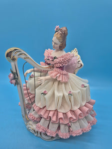Porcelain German Girl Playing Harp - Pink and White Dresden Lace
