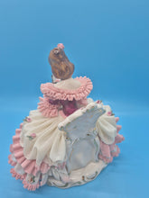 Porcelain German Girl Playing Harp - Pink and White Dresden Lace