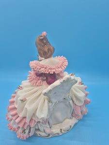 Porcelain German Girl Playing Harp - Pink and White Dresden Lace