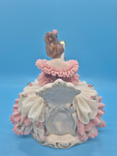 Porcelain German Girl Playing Harp - Pink and White Dresden Lace