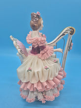 Porcelain German Girl Playing Harp - Pink and White Dresden Lace