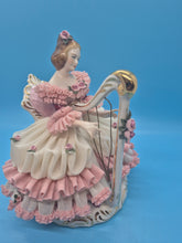 Porcelain German Girl Playing Harp - Pink and White Dresden Lace
