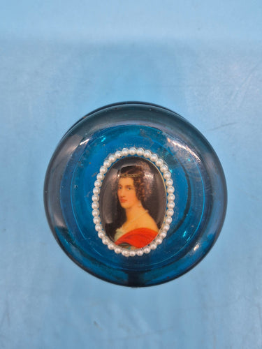 Victorian Face Blue Glass Hinge Top Trinket Box Dresser Jar
