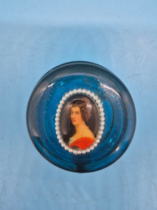 Victorian Face Blue Glass Hinge Top Trinket Box Dresser Jar