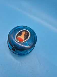Victorian Face Blue Glass Hinge Top Trinket Box Dresser Jar
