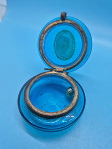 Victorian Face Blue Glass Hinge Top Trinket Box Dresser Jar