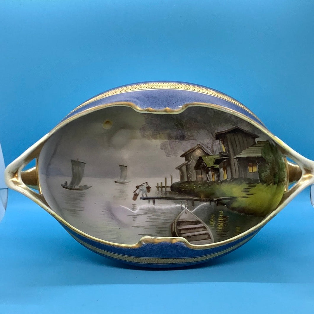 NIPPON HAND PAINTED CONSOLE BOWL FISHING BOATS BLUE AND GOLD TRIM