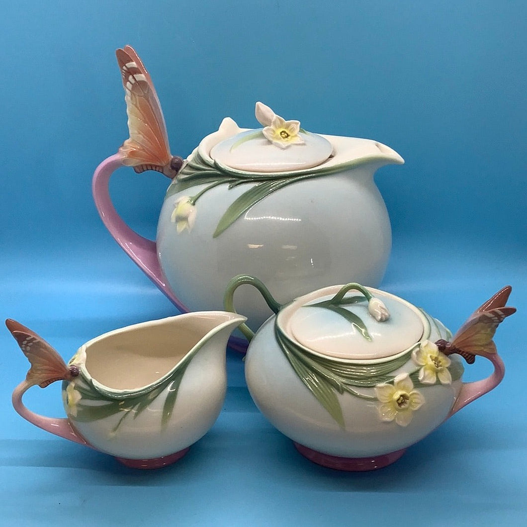 Franz Floral and Butterfly Tea Pot, Cream and Sugar Set