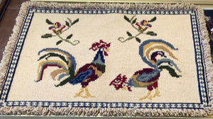 Vintage 1970’s Crewel Needlework Tapestry Art Needlepoint Rug Vibrant Pair of Roosters