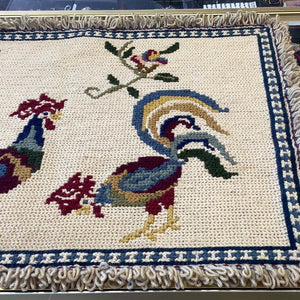 Vintage 1970’s Crewel Needlework Tapestry Art Needlepoint Rug Vibrant Pair of Roosters