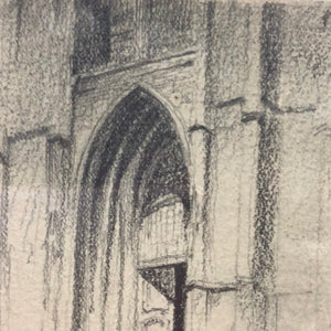 Cathedral Door and Tower By A. Lord Original Graphite on Paper Gold Wood Frame