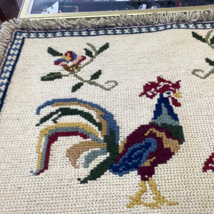 Vintage 1970’s Crewel Needlework Tapestry Art Needlepoint Rug Vibrant Pair of Roosters