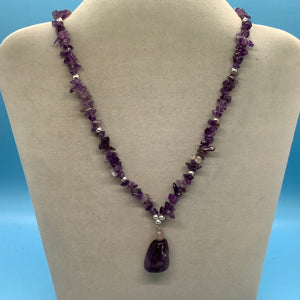 Amethyst Chip Necklace With Pendant Total 16"