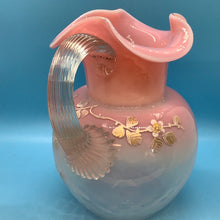 Antique Stevens & Williams Opalescent Baby Pink Glass Pitcher Hand Painted White and Gold Flowers
