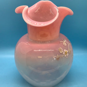 Antique Stevens & Williams Opalescent Baby Pink Glass Pitcher Hand Painted White and Gold Flowers