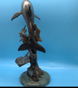 SPI Dolphin, Sea Turtle & Stingray Bronze on Green Marble Base