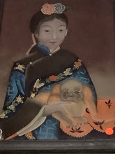 Japanese Girl w Dog Reverse Painting on Glass Black Lacquer Frame w Asian Hardware