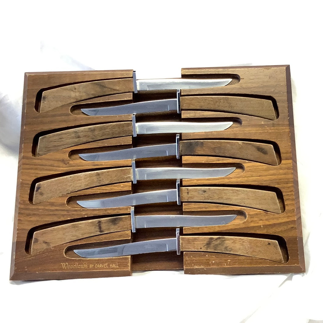 Mid Century Woodlawn By Carvel Wood Handles Set 6 in Wood Holder Tray