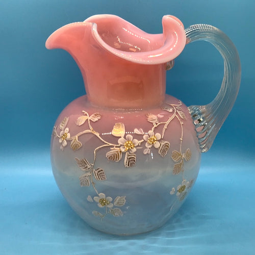 Antique Stevens & Williams Opalescent Baby Pink Glass Pitcher Hand Painted White and Gold Flowers