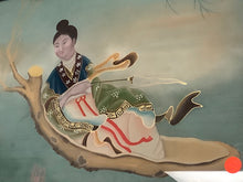 Japanese Girl on Boat Reverse Painting on Glass Black Lacquer Frame w Asian Hardware