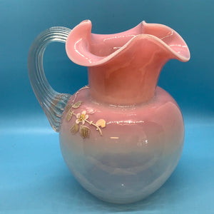 Antique Stevens & Williams Opalescent Baby Pink Glass Pitcher Hand Painted White and Gold Flowers